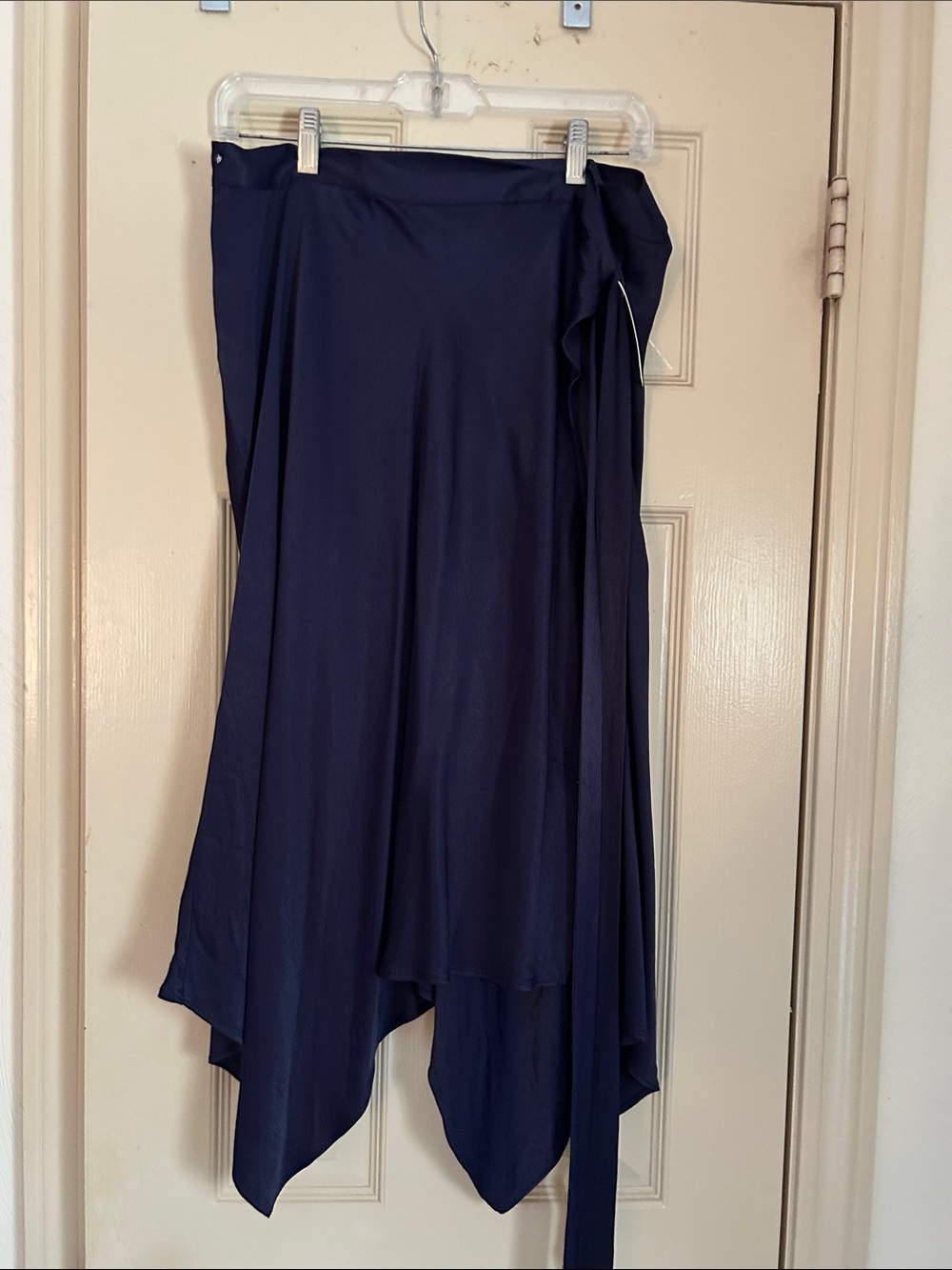 Anthropologie Navy Asymmetrical Satin Midi Skirt